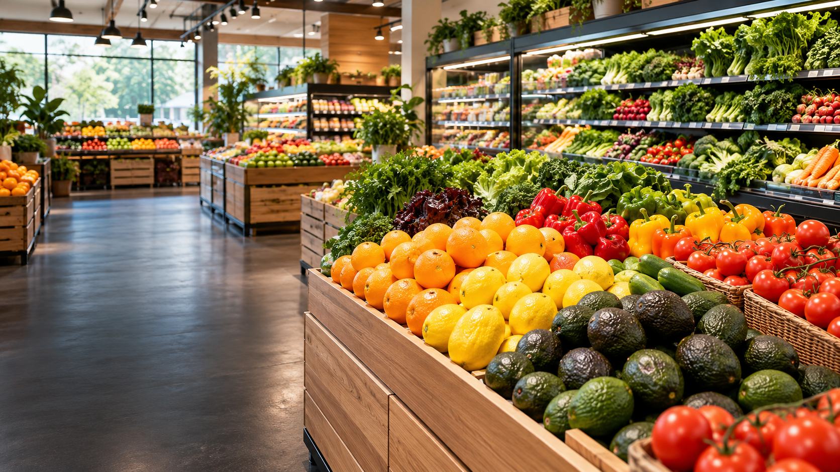 Fresh produce displays inside a welcoming supermarket